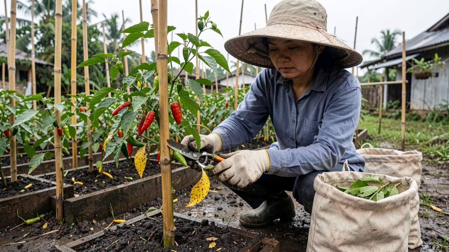 Gloved hands cut yellow lower leaves from a chilli plant with secateurs and place them in a bag.