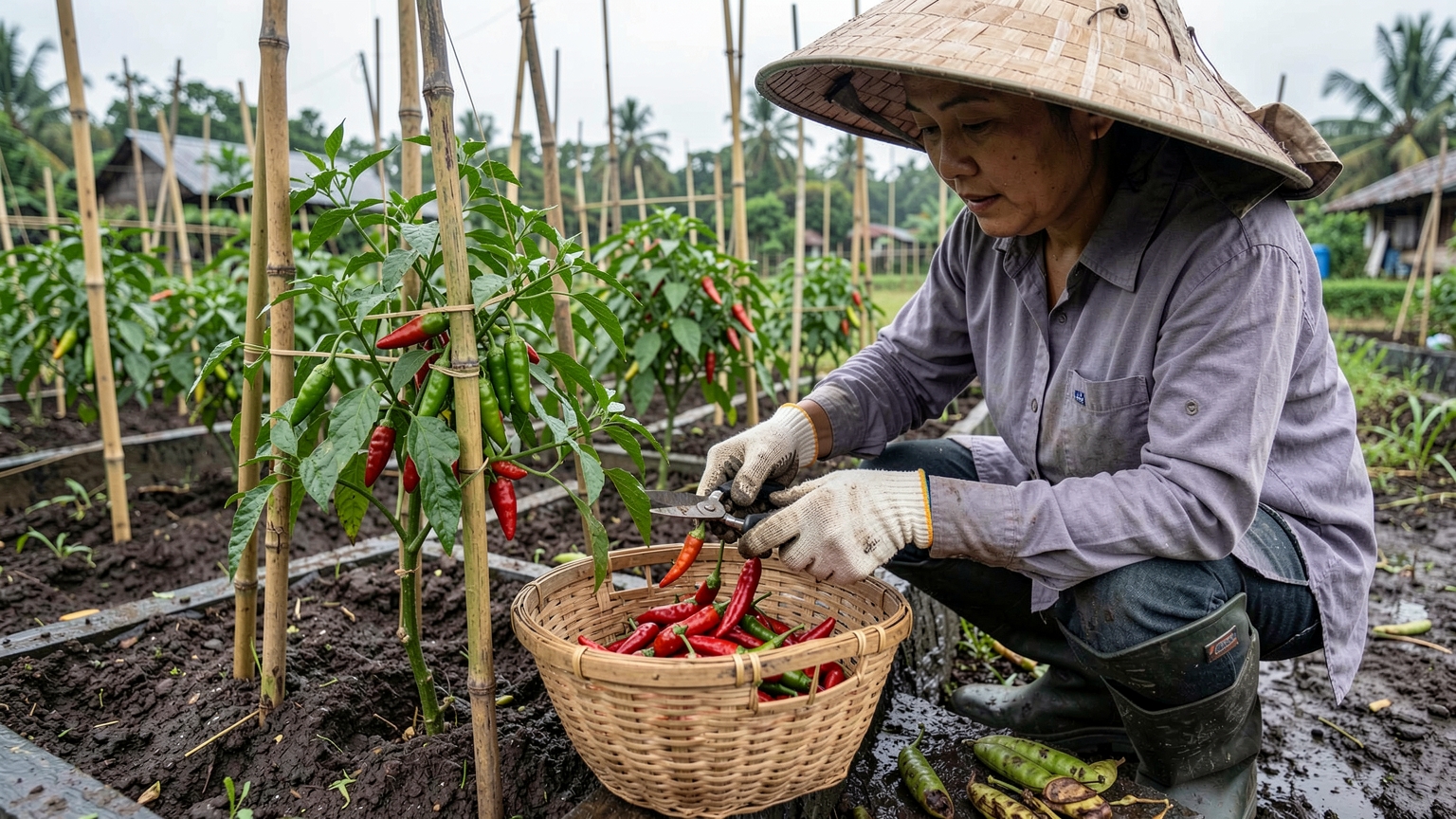 Gloved hands cut ripe red chillies with scissors and place them in a bamboo basket, with rotten pods kept apart.