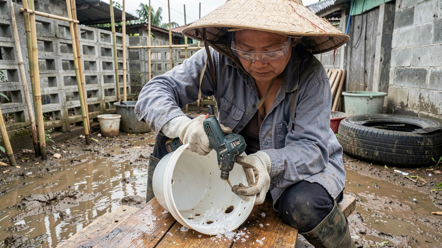 Gloved hands drill drainage holes in the base of a plastic bucket.