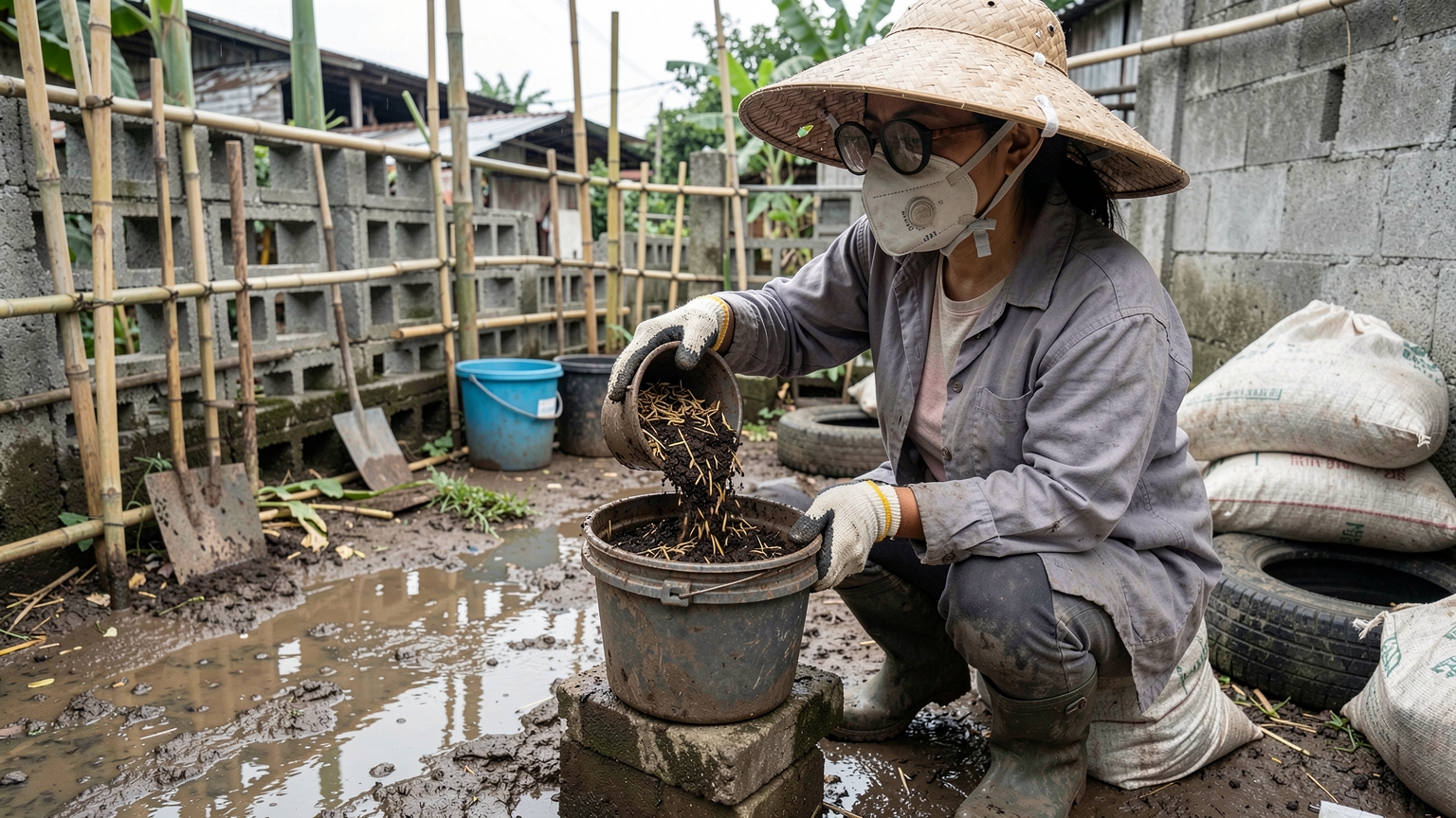 A gardener in a dust mask fills a raised bucket with a light soil and rice husk mix.