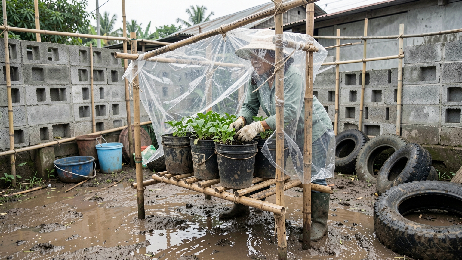 A woman ties a clear plastic rain cover over a low bamboo frame above raised container vegetables.