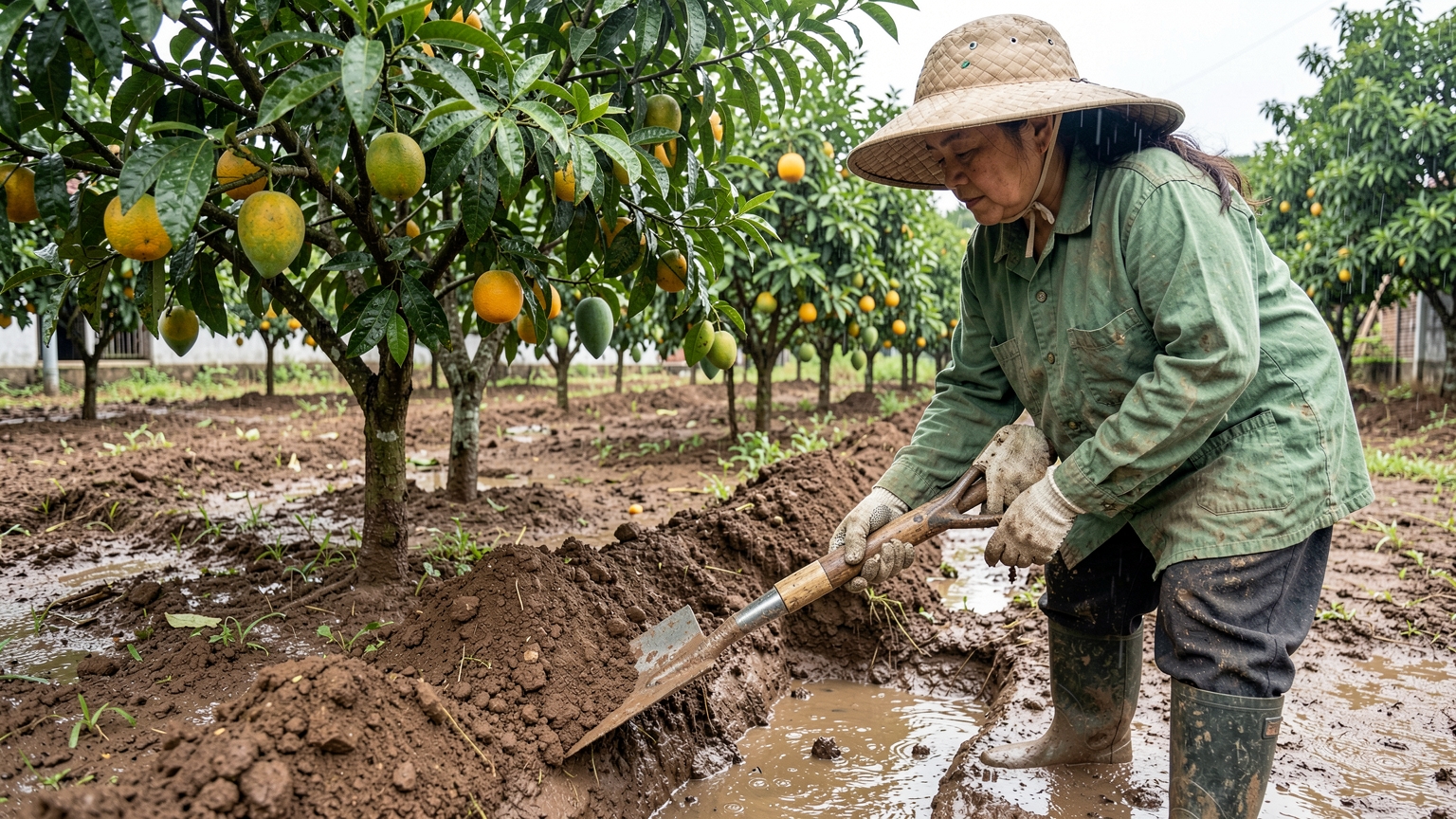 Gloved hands use a spade to dig a shallow, sloping trench away from a citrus tree.