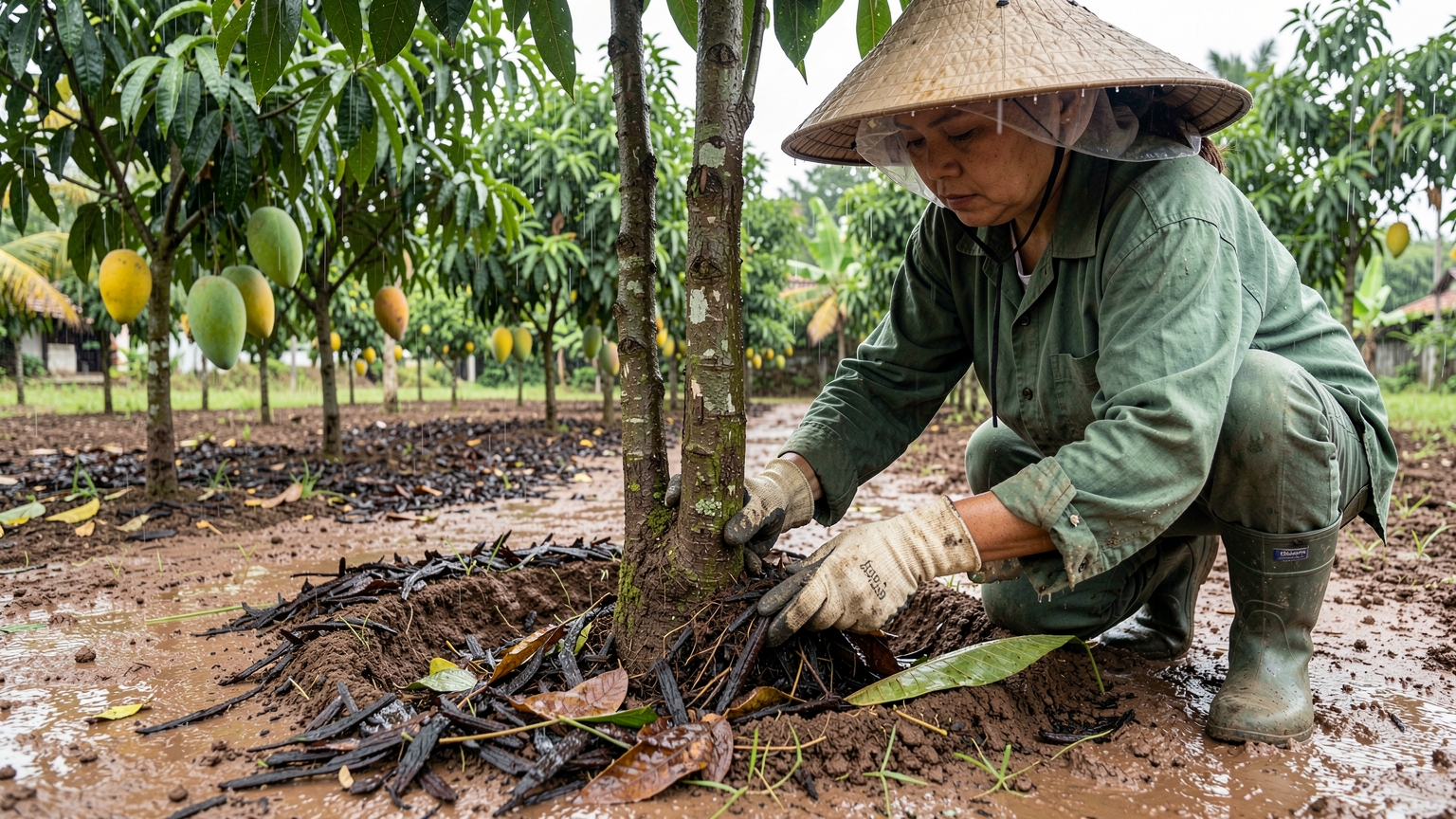 Gloved hands pull wet mulch away from the base of a durian tree trunk to leave a bare ring.