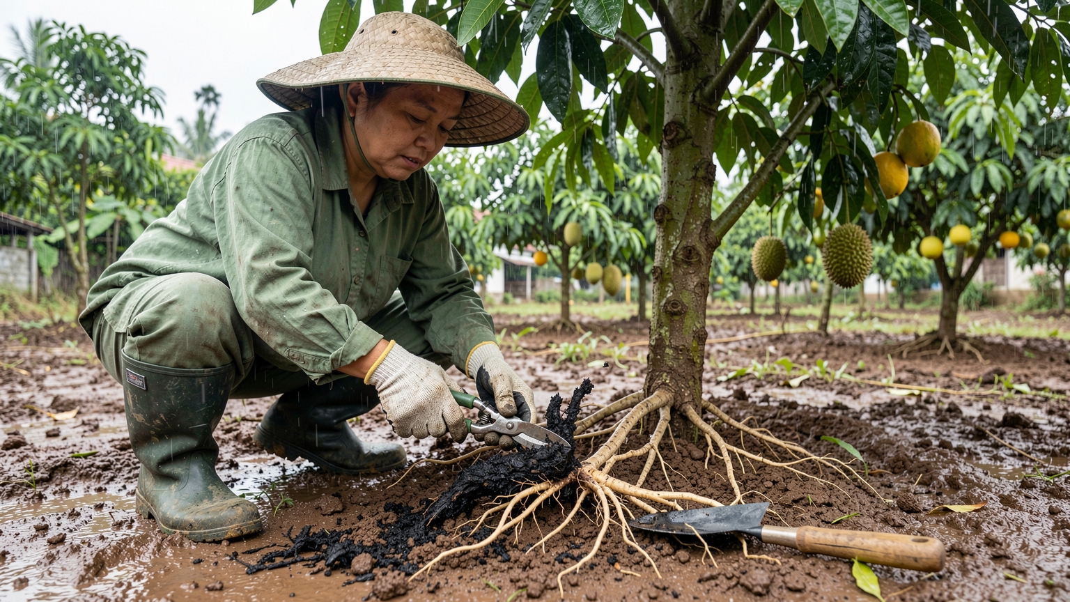 Pruning shears cut away a black, rotten root next to healthy roots under a jackfruit tree.