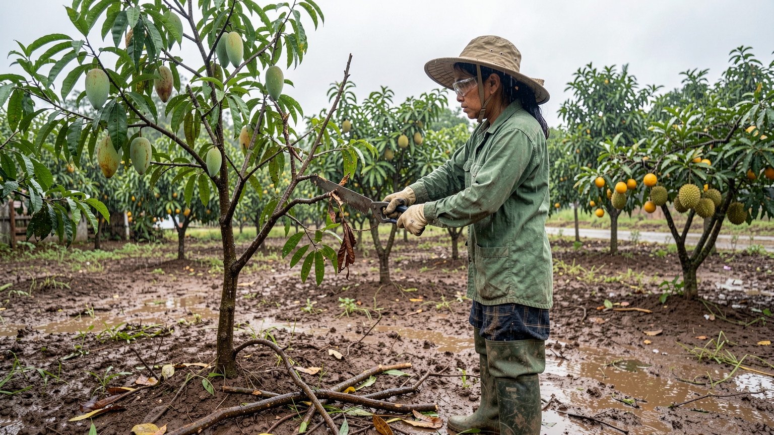 A woman wearing safety glasses saws off a dead branch from a young mango tree while standing on the ground.