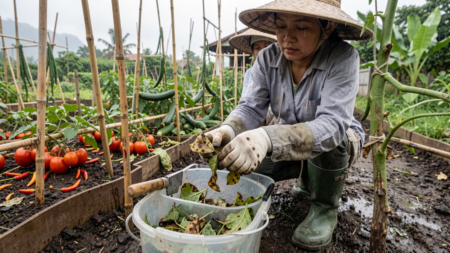 Gloved hands remove a spotted tomato leaf and put it in a bucket.