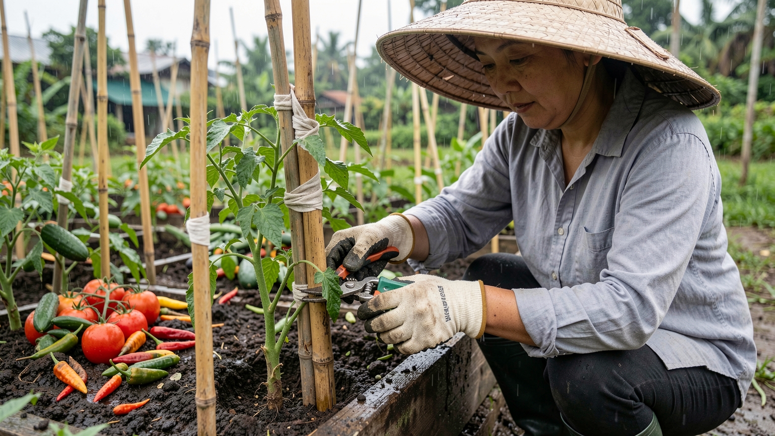 A gardener prunes the lowest leaves of a staked tomato plant with pruning shears.
