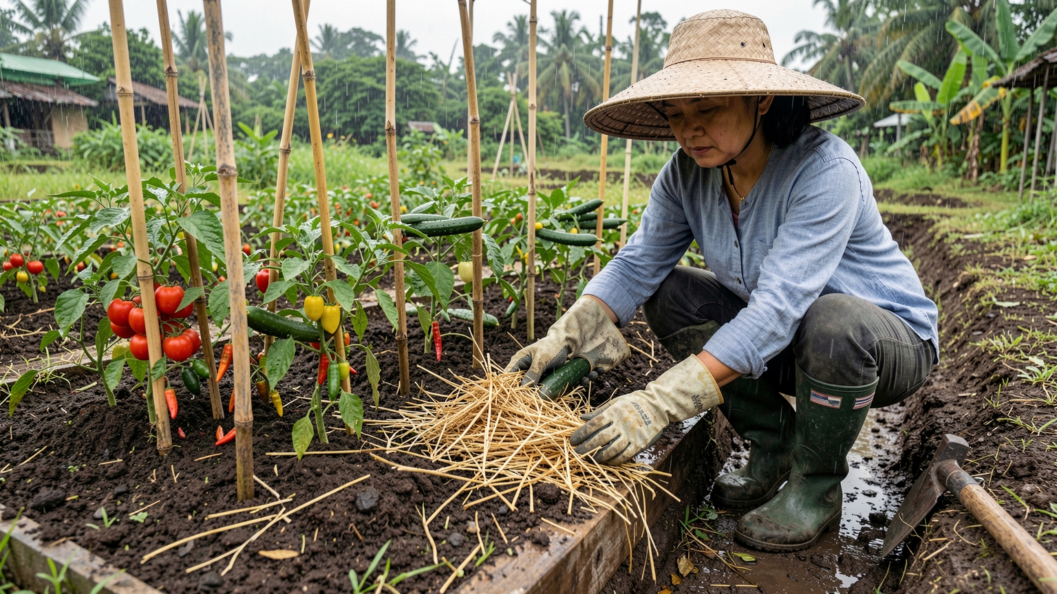 Rice straw mulch being spread around chilli plants on a raised bed beside a drainage channel.