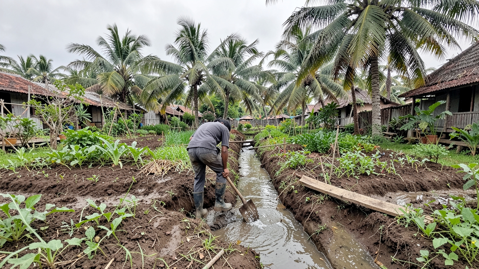 A gardener in rubber boots digs a channel to drain standing water from between vegetable beds.