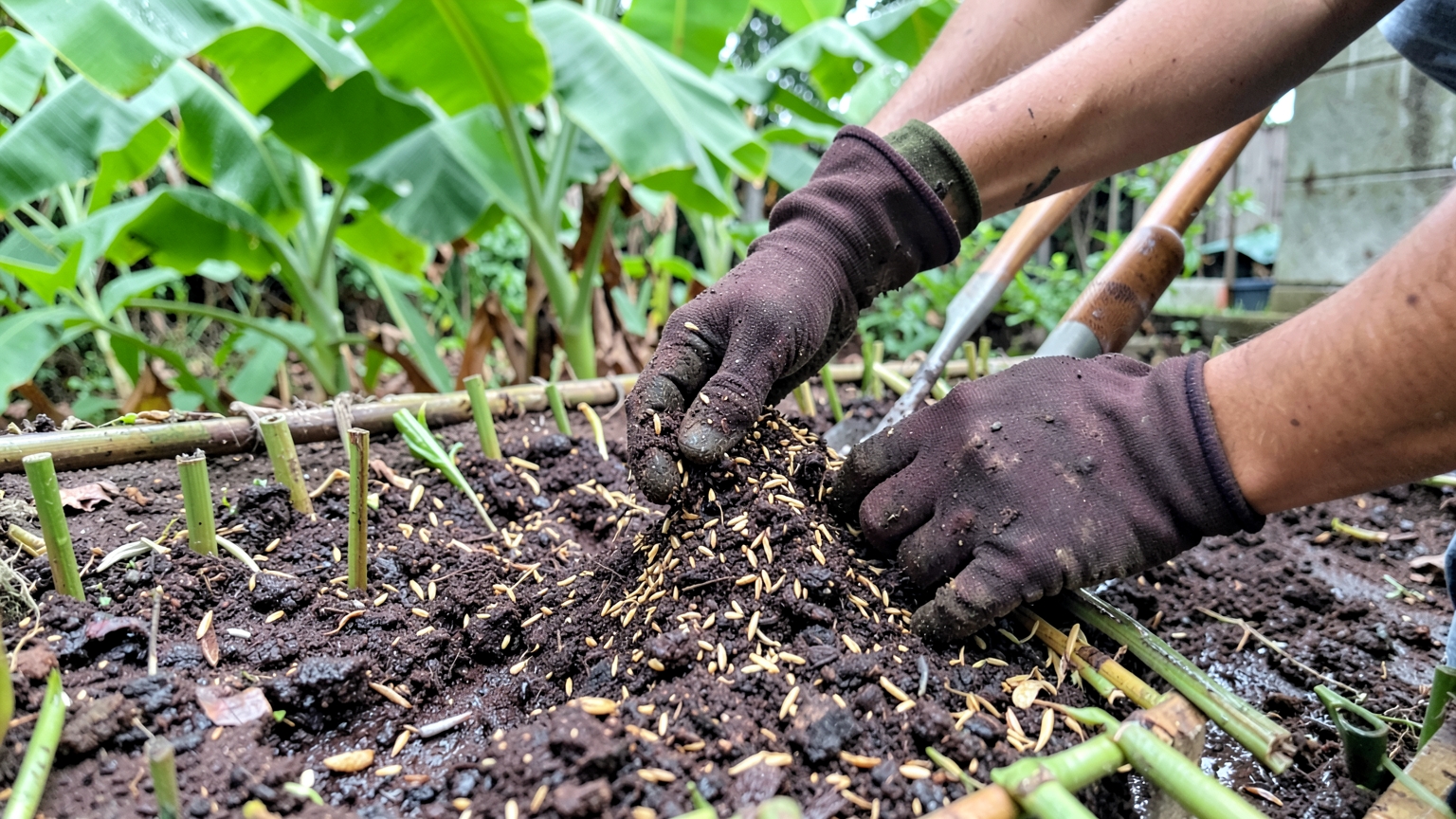 Gloved hands spread compost and rice husk on a raised bed edged with bamboo, with a garden fork in the damp soil.