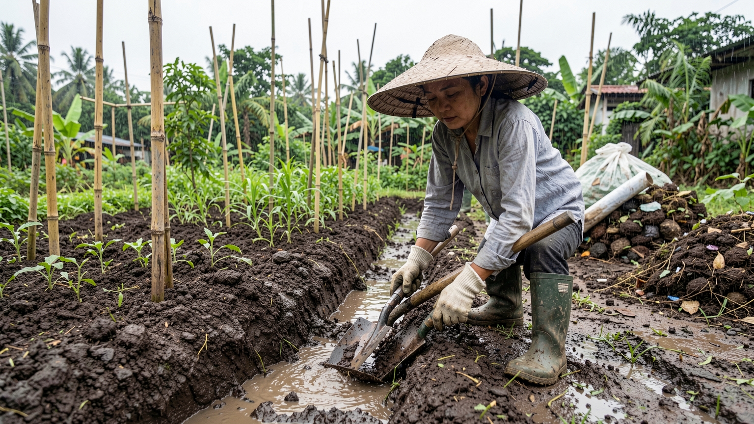 A gardener digs a shallow drain next to a raised soil mound to carry away rainwater.
