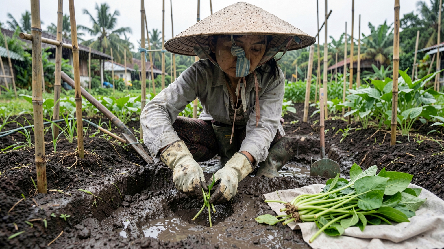 Gloved hands plant water spinach cuttings into wet mud.