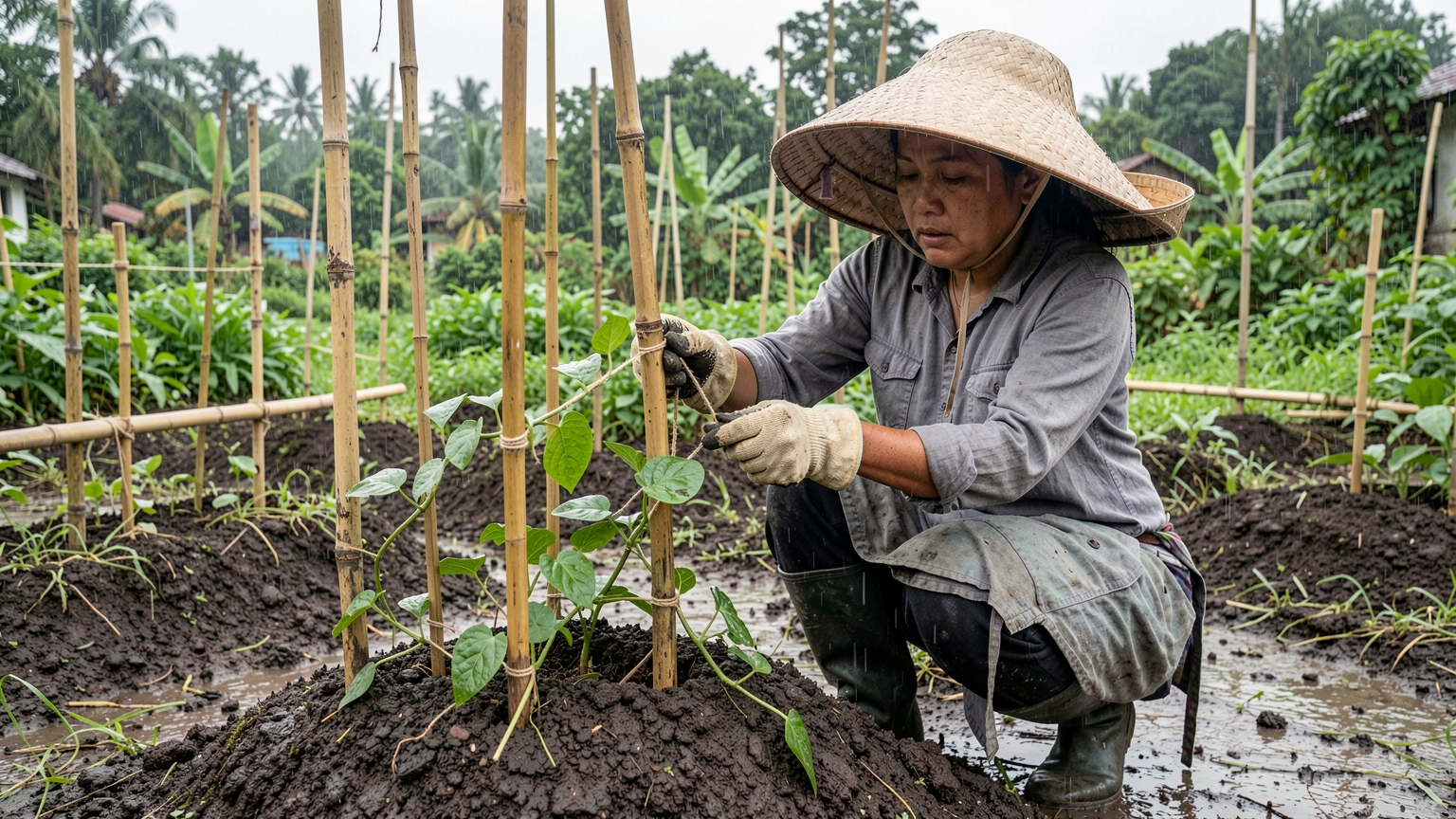 A gardener ties bamboo poles into a trellis for young Malabar spinach vines.