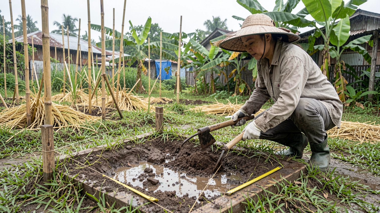 Gloved hands mark out a rectangular bed with sticks and string on cleared, loosened ground.