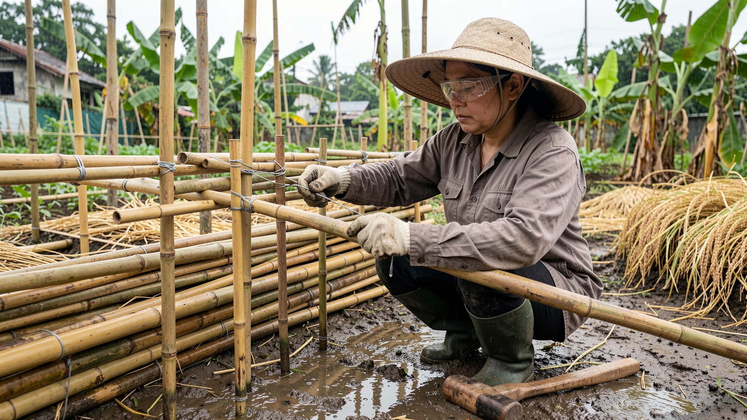 A woman in safety glasses and gloves ties bamboo poles to stakes with wire to build the bed frame.