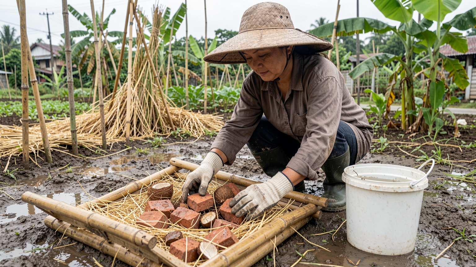 Gloved hands spread broken bricks and coconut husks as a drainage layer inside the bamboo bed.