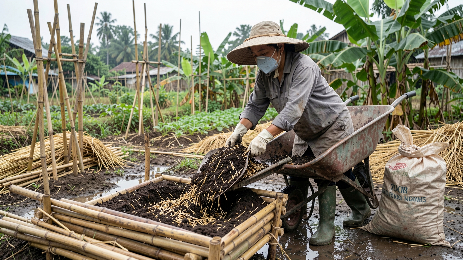 A woman in a dust mask fills the bamboo raised bed with a soil mix from a wheelbarrow.