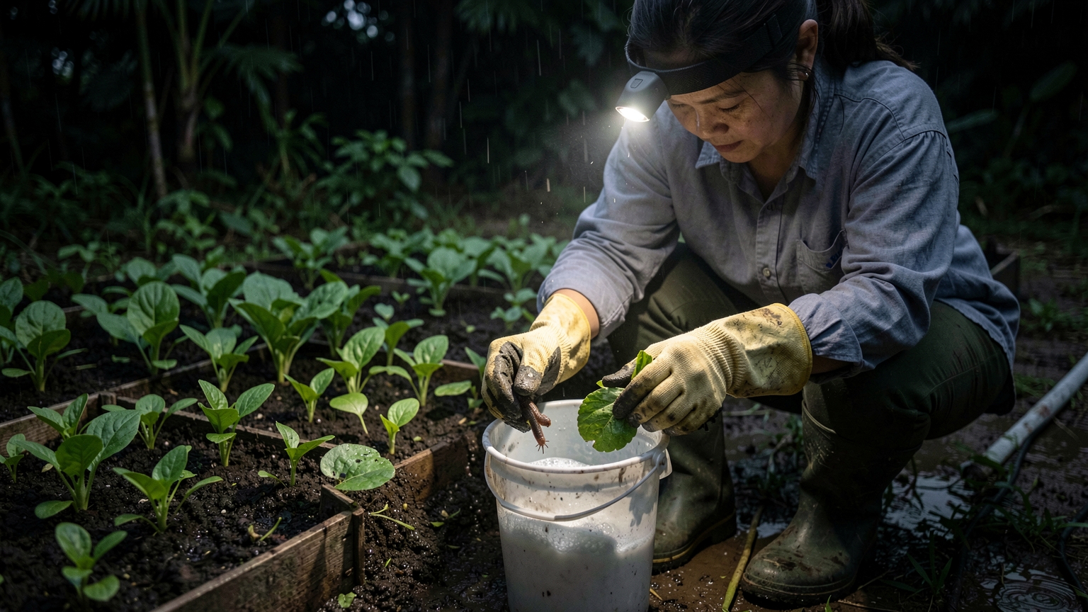 Gloved hands pick a slug from a seedling at night by headlamp light and drop it into a bucket.