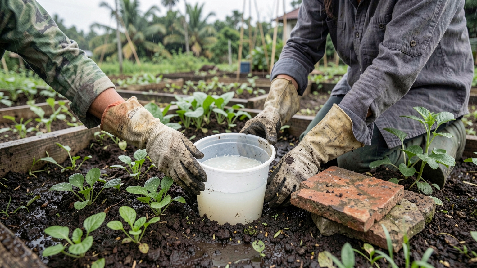 Gloved hands sink a cup of rice water into the soil between seedlings as a slug trap, with a tile ready to cover it.