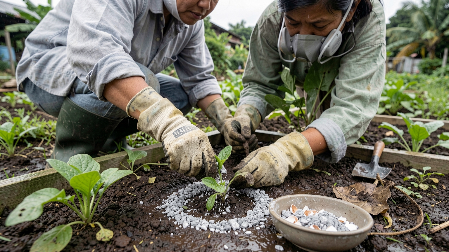 Gloved hands make a ring of ash and crushed eggshell around a young seedling.