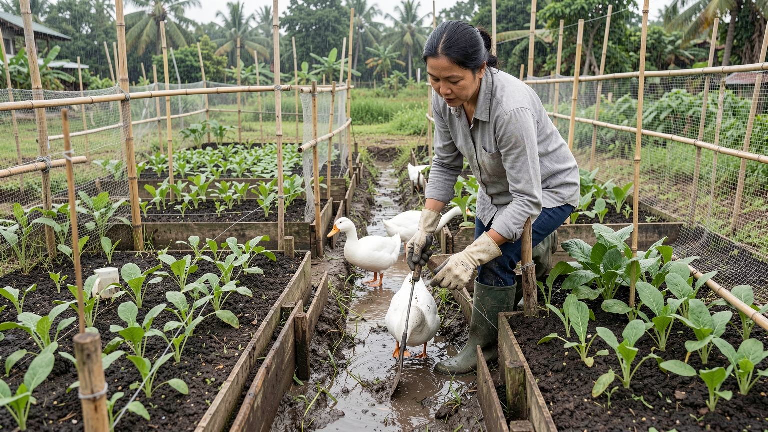 Ducks search for snails on a garden path while young seedling beds are protected by a low net fence.