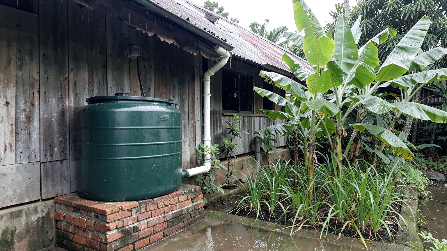 A covered plastic water tank on a raised brick base, with a downpipe, first-flush pipe and overflow leading to a garden bed.